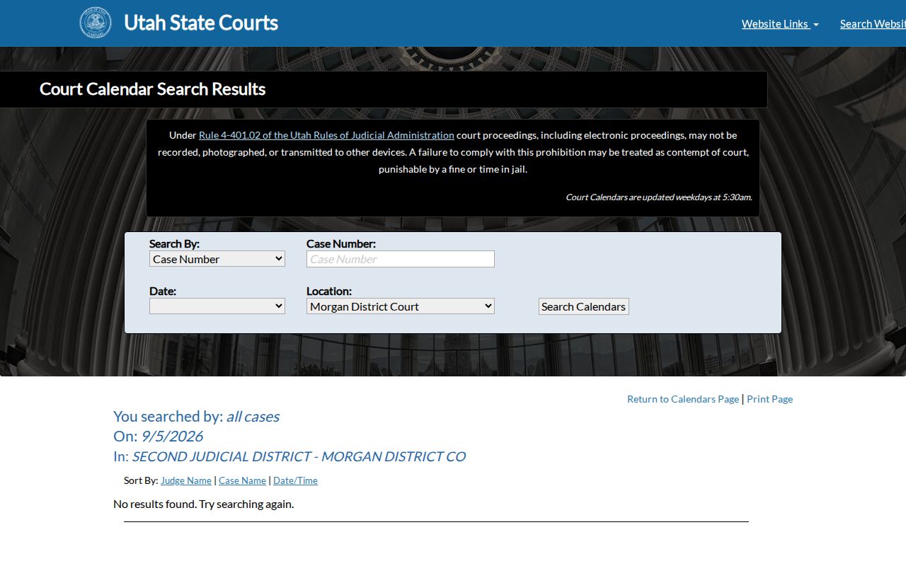 Morgan County court calendar District Court result fields